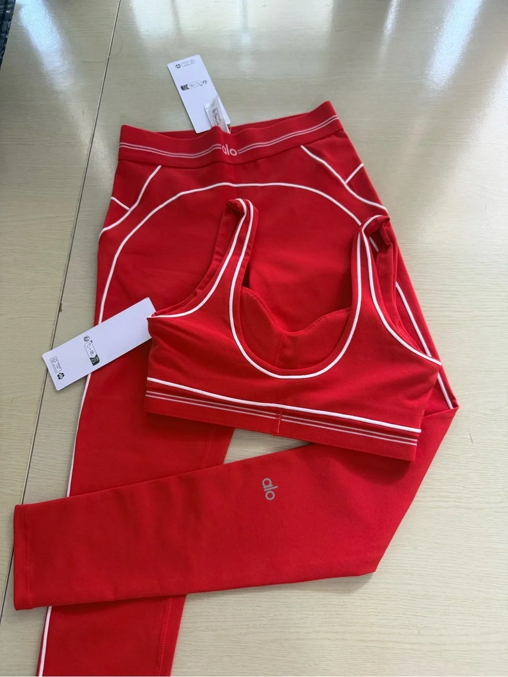 ALO Yoga Red Sports Bra with White Piping